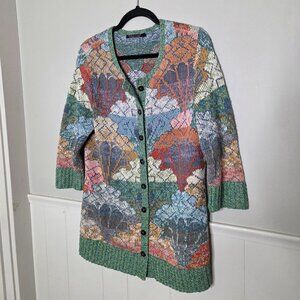 PERUVIAN CONNECTION Green Knit Shell Print Cotton Cardigan Sweater